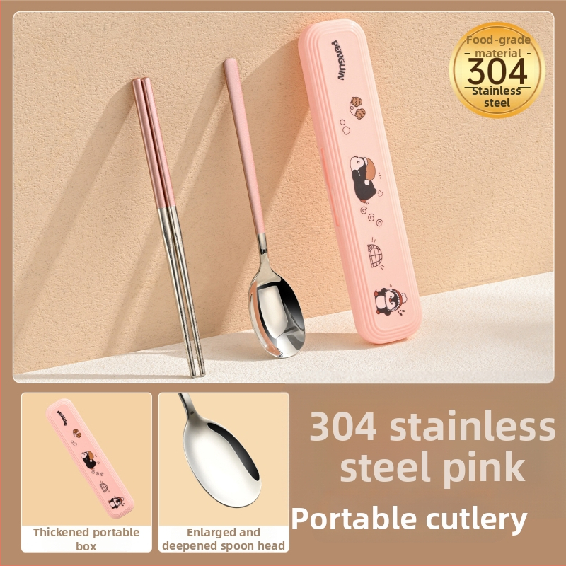 316 nerūdijančio plieno vaikų stalo įrankių rinkinys – vienam asmeniui, 3 dalys (valgomosios lazdelės, šaukštas, šakutė) su nešiojama laikymo dėžute, veidrodinis paviršius, nordinis stilius, 2024 m. pristatymas, pritaikymas galimas