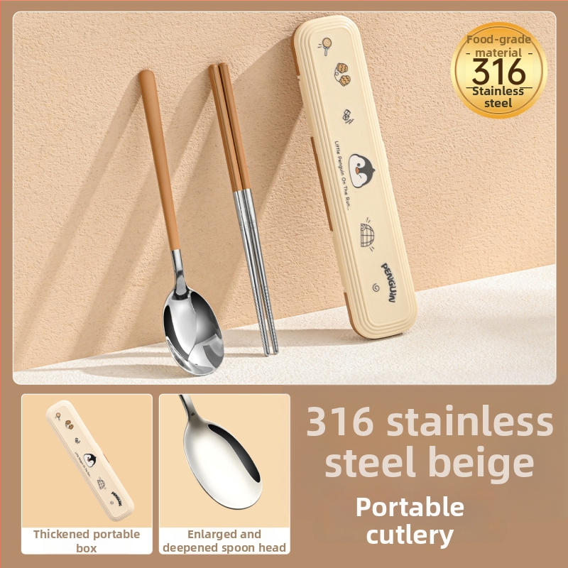 316 nerūdijančio plieno vaikų stalo įrankių rinkinys – vienam asmeniui, 3 dalys (valgomosios lazdelės, šaukštas, šakutė) su nešiojama laikymo dėžute, veidrodinis paviršius, nordinis stilius, 2024 m. pristatymas, pritaikymas galimas