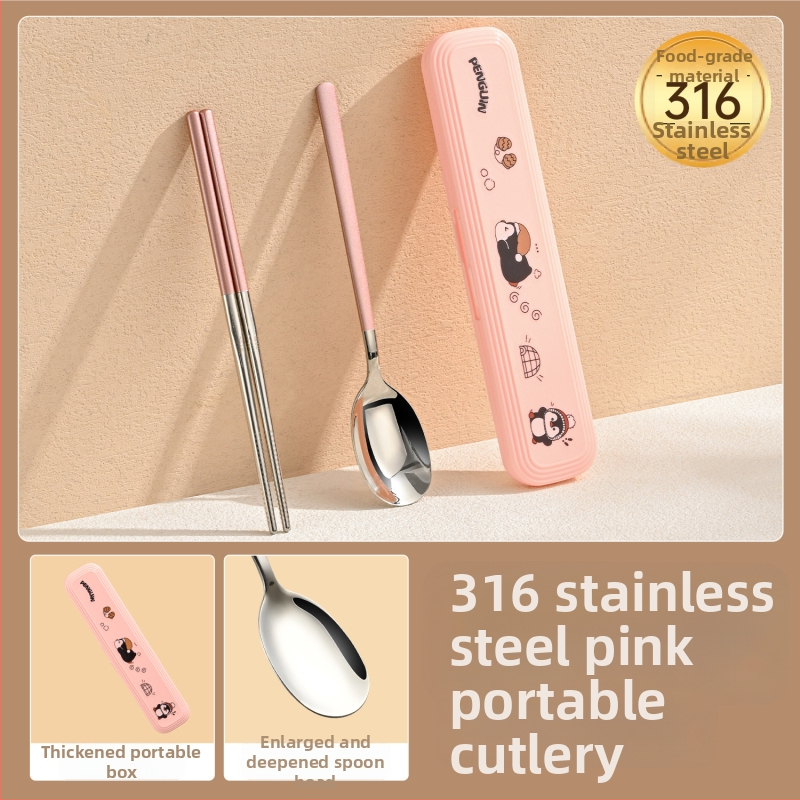 316 nerūdijančio plieno vaikų stalo įrankių rinkinys – vienam asmeniui, 3 dalys (valgomosios lazdelės, šaukštas, šakutė) su nešiojama laikymo dėžute, veidrodinis paviršius, nordinis stilius, 2024 m. pristatymas, pritaikymas galimas