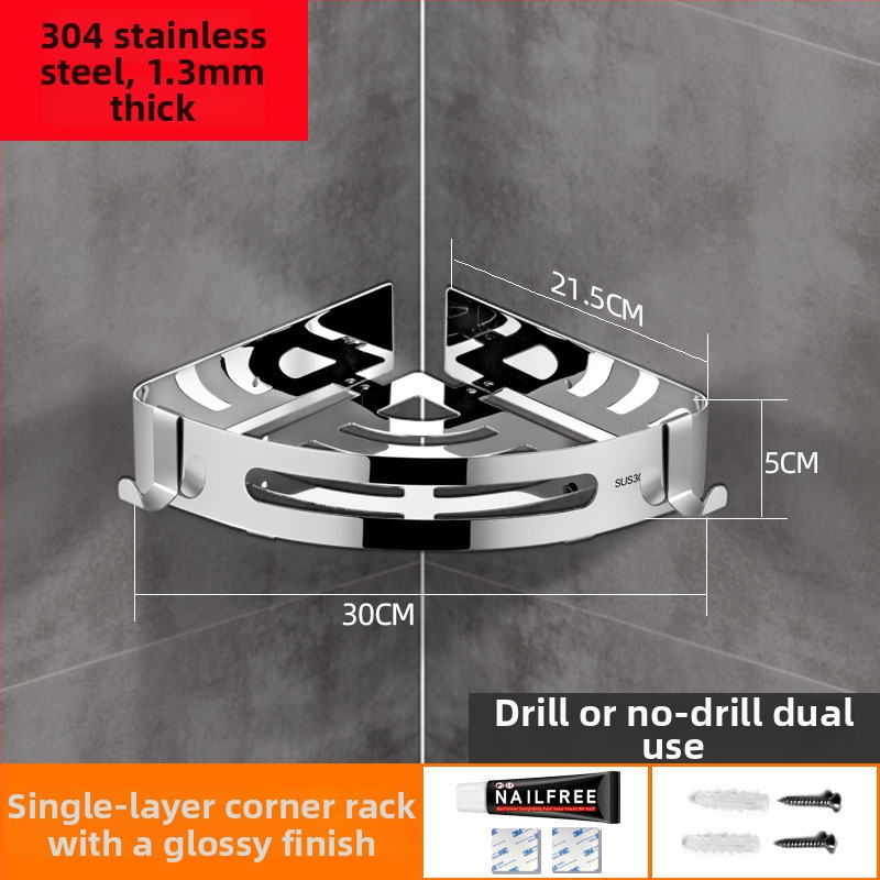 Be gręžimo 304 nerūdijančio plieno vonios kambario trikampė lentyna kampinė, veidrodinis poliravimas, apkrova 20 kg, 1–3 sluoksniai