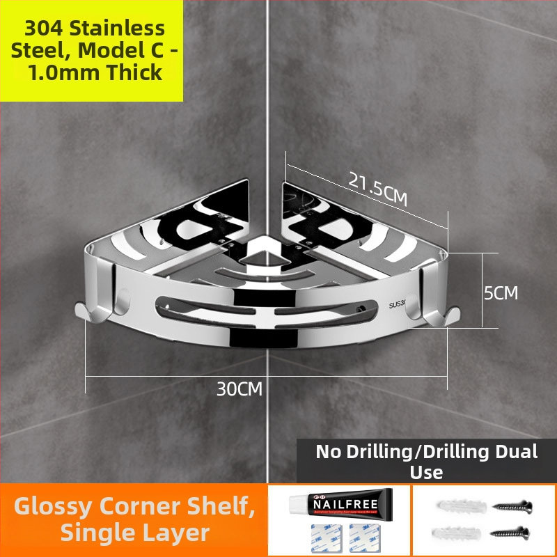 Be gręžimo 304 nerūdijančio plieno vonios kambario trikampė lentyna kampinė, veidrodinis poliravimas, apkrova 20 kg, 1–3 sluoksniai