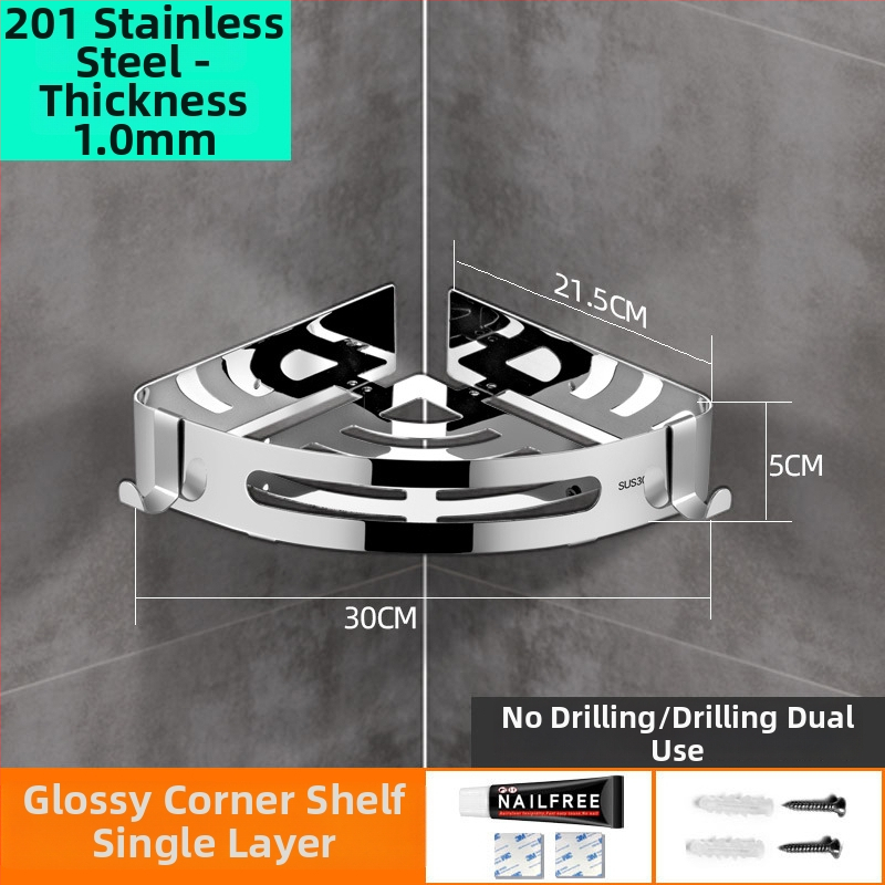 Be gręžimo 304 nerūdijančio plieno vonios kambario trikampė lentyna kampinė, veidrodinis poliravimas, apkrova 20 kg, 1–3 sluoksniai