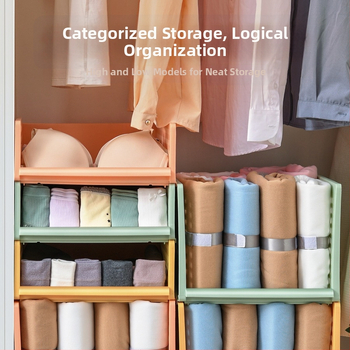 Plastikust riidekapi korraldaja kihiliste eraldajatega, virnastatavate korvidega sahtlitega suur kapp, jaapani stiil