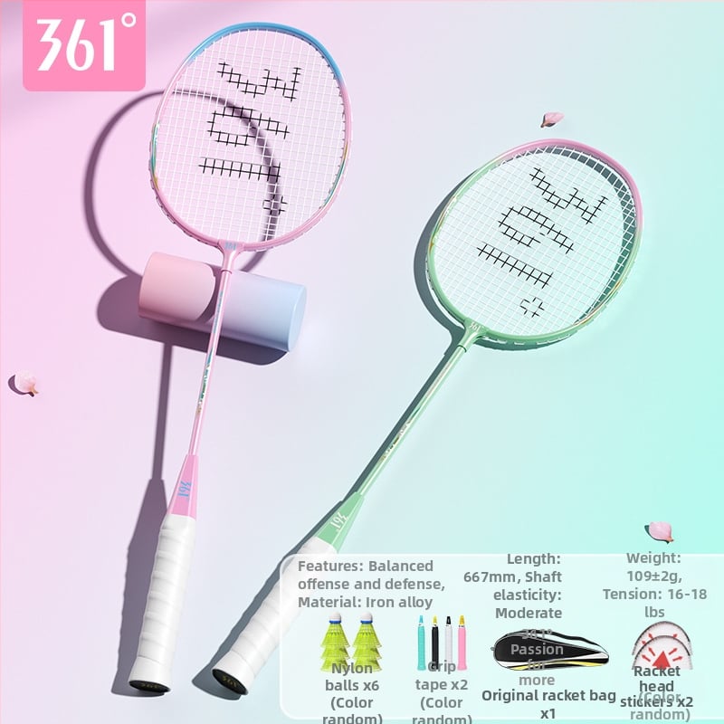 Badmintono raketė 361°, korpusas iš geležies lydinio, svoris 95–100 g, rankenos storis G2, tiesus velenas