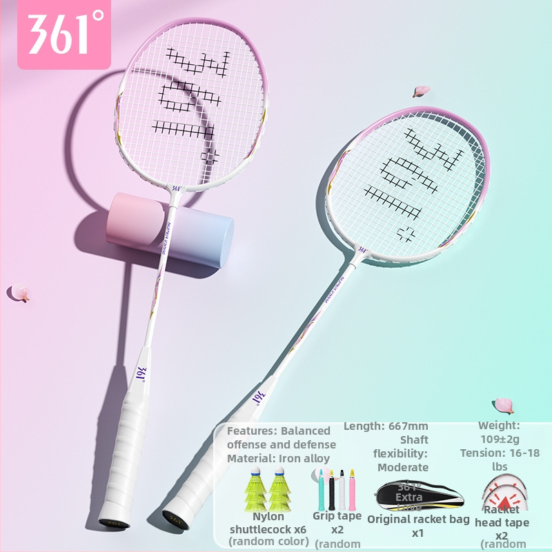 Badmintono raketė 361°, korpusas iš geležies lydinio, svoris 95–100 g, rankenos storis G2, tiesus velenas