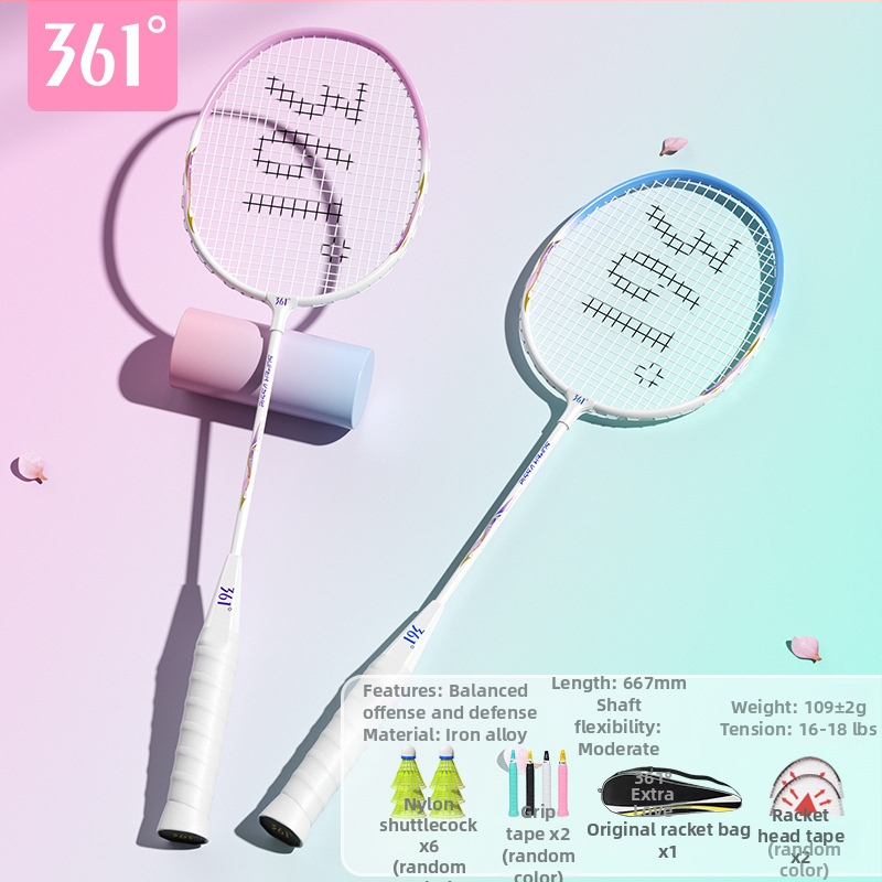 Badmintono raketė 361°, korpusas iš geležies lydinio, svoris 95–100 g, rankenos storis G2, tiesus velenas