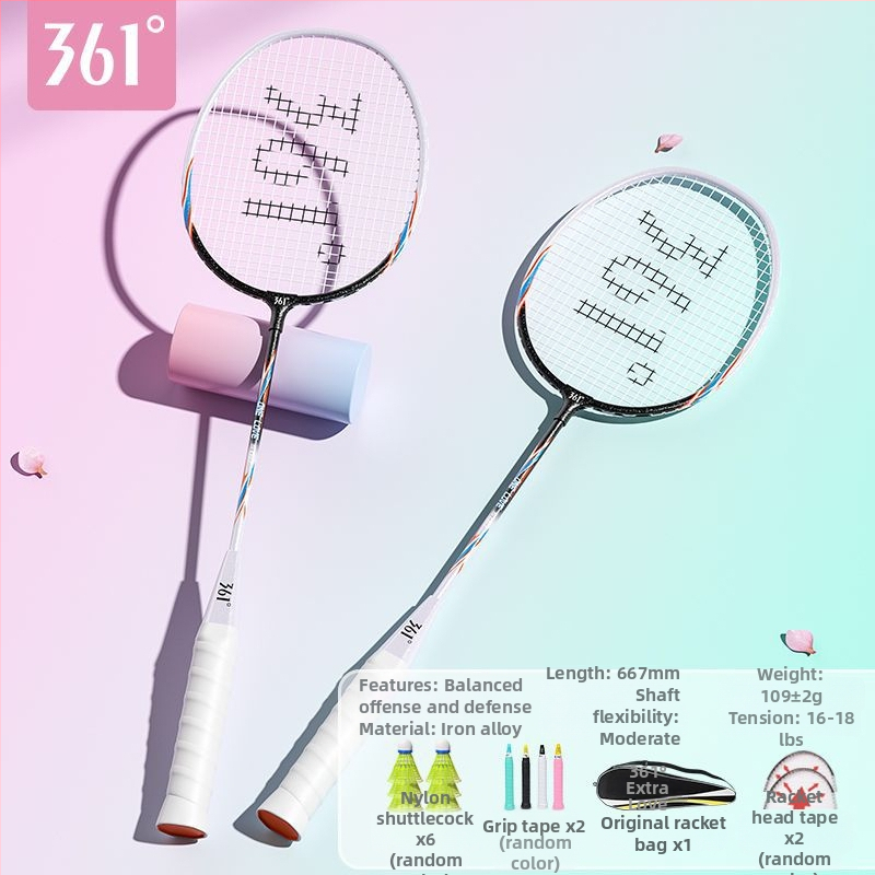 Badmintono raketė 361°, korpusas iš geležies lydinio, svoris 95–100 g, rankenos storis G2, tiesus velenas