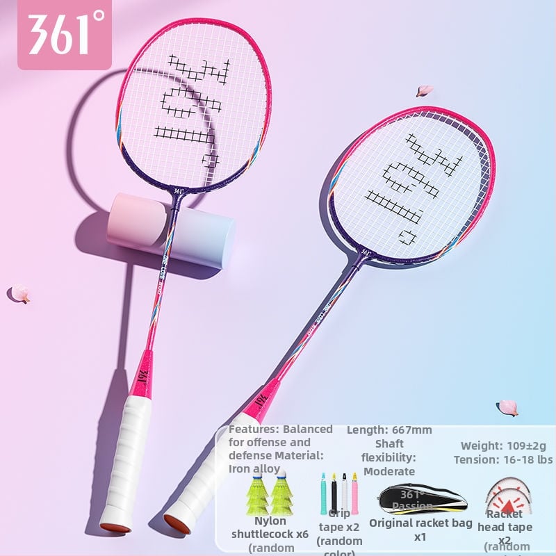 Badmintono raketė 361°, korpusas iš geležies lydinio, svoris 95–100 g, rankenos storis G2, tiesus velenas