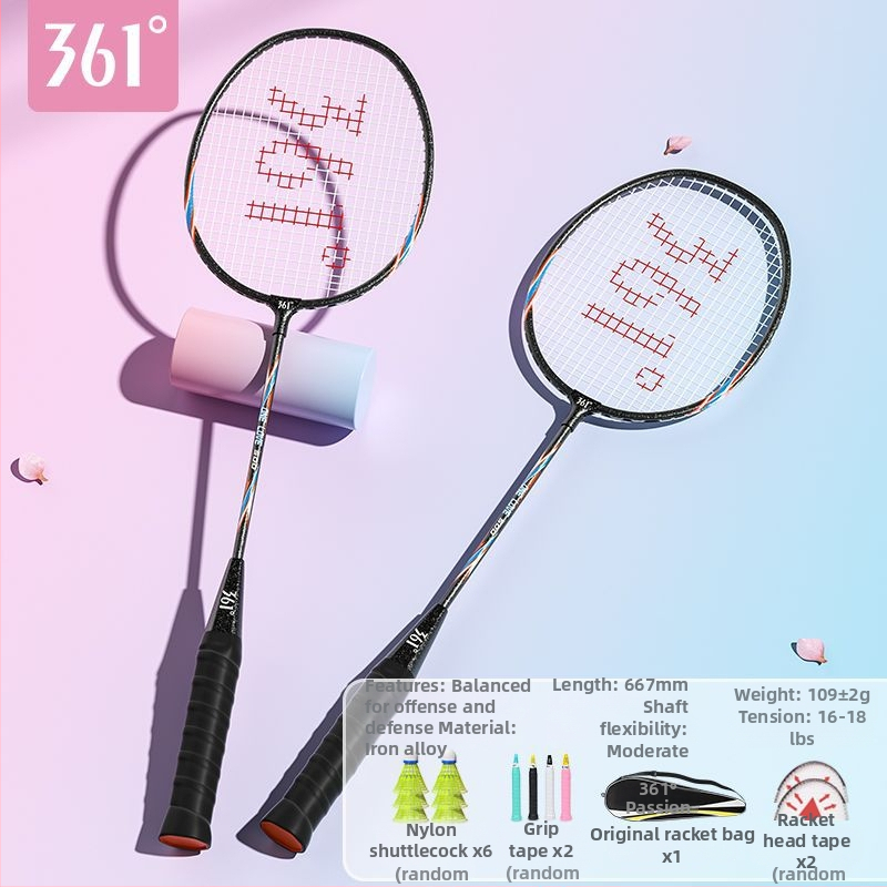 Badmintono raketė 361°, korpusas iš geležies lydinio, svoris 95–100 g, rankenos storis G2, tiesus velenas