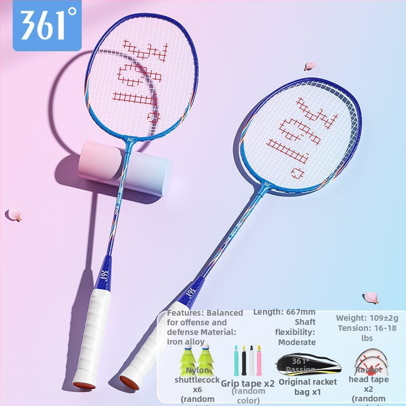 Badmintono raketė 361°, korpusas iš geležies lydinio, svoris 95–100 g, rankenos storis G2, tiesus velenas
