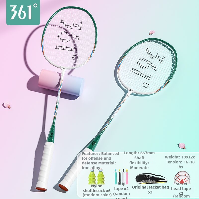 Badmintono raketė 361°, korpusas iš geležies lydinio, svoris 95–100 g, rankenos storis G2, tiesus velenas