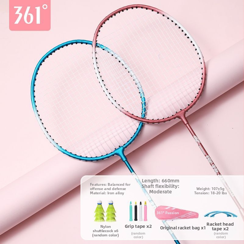 Badmintono raketė 361°, korpusas iš geležies lydinio, svoris 95–100 g, rankenos storis G2, tiesus velenas