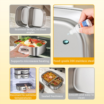 Кутия за обяд от 304 неръждаема стомана, подходяща за микровълнова печка, квадратна форма, капак с уплътнение против изтичане, капацитет 301-500 ml