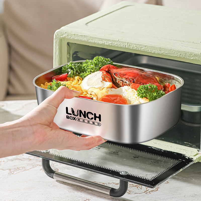 Кутия за обяд от 304 неръждаема стомана, подходяща за микровълнова печка, квадратна форма, капак с уплътнение против изтичане, капацитет 301-500 ml