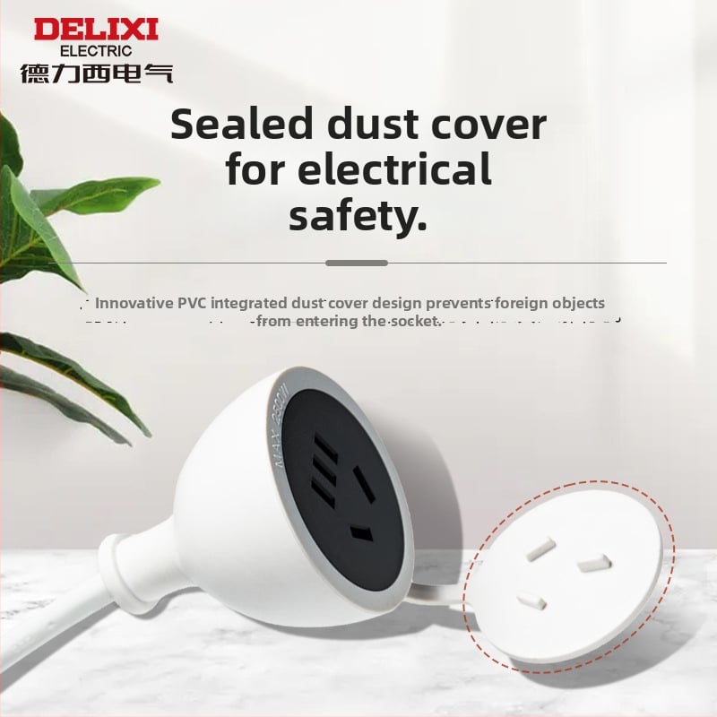 Delixi trijų kištukų maitinimo ilginimo laidas namų naudojimui, 10A, 100–250V AC, 2500W, PC korpusas, kontaktai iš tin-fosforo bronzos