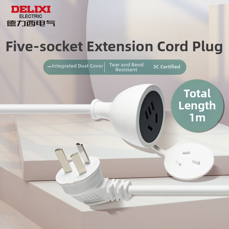 Delixi trijų kištukų maitinimo ilginimo laidas namų naudojimui, 10A, 100–250V AC, 2500W, PC korpusas, kontaktai iš tin-fosforo bronzos