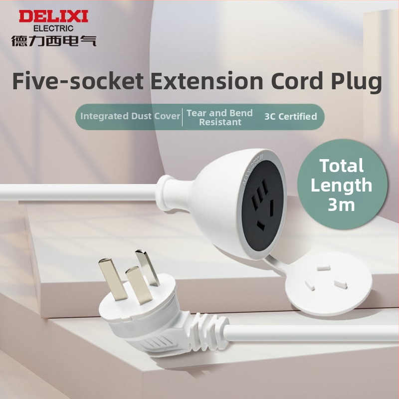 Delixi trijų kištukų maitinimo ilginimo laidas namų naudojimui, 10A, 100–250V AC, 2500W, PC korpusas, kontaktai iš tin-fosforo bronzos