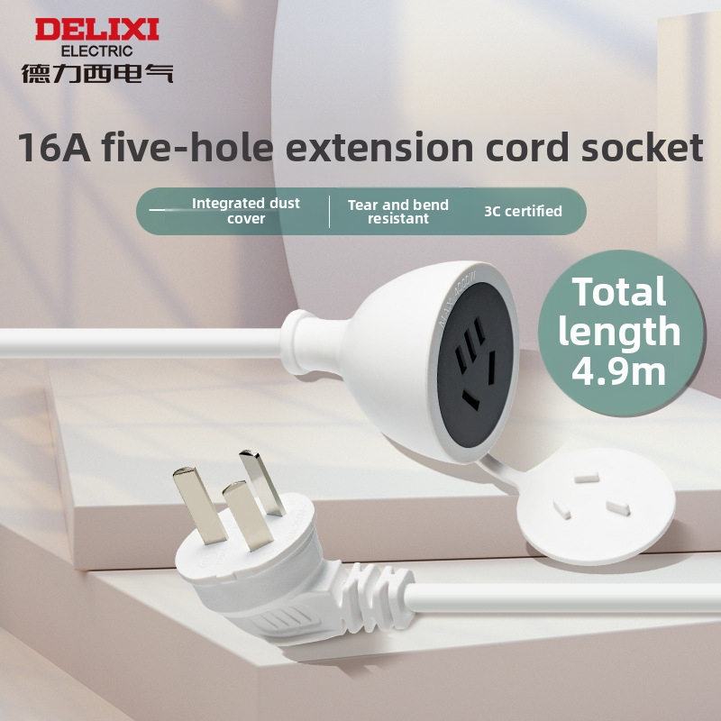 Delixi trijų kištukų maitinimo ilginimo laidas namų naudojimui, 10A, 100–250V AC, 2500W, PC korpusas, kontaktai iš tin-fosforo bronzos
