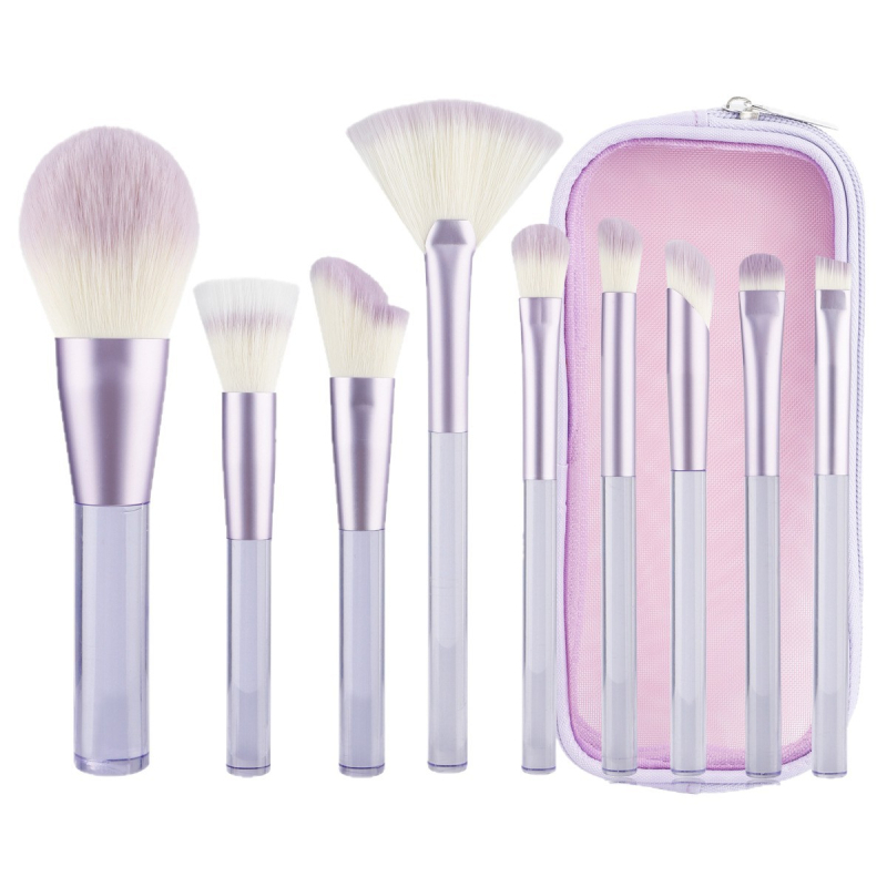 Üheksatükline meigiharjaste komplekt gofreeritud nailonikarvad, plastikust käepidemed ja PU pakkimine