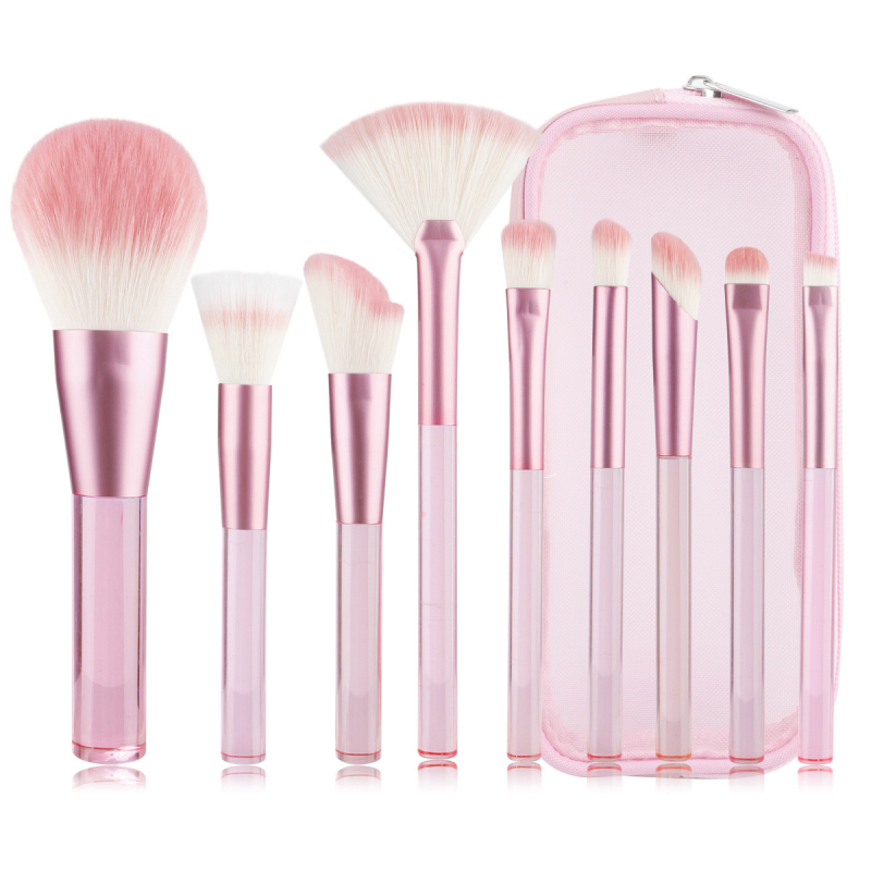 9 darab sminkecset-készlet gofrált nejlon sörtékkel, műanyag nyéllel és PU csomagolással