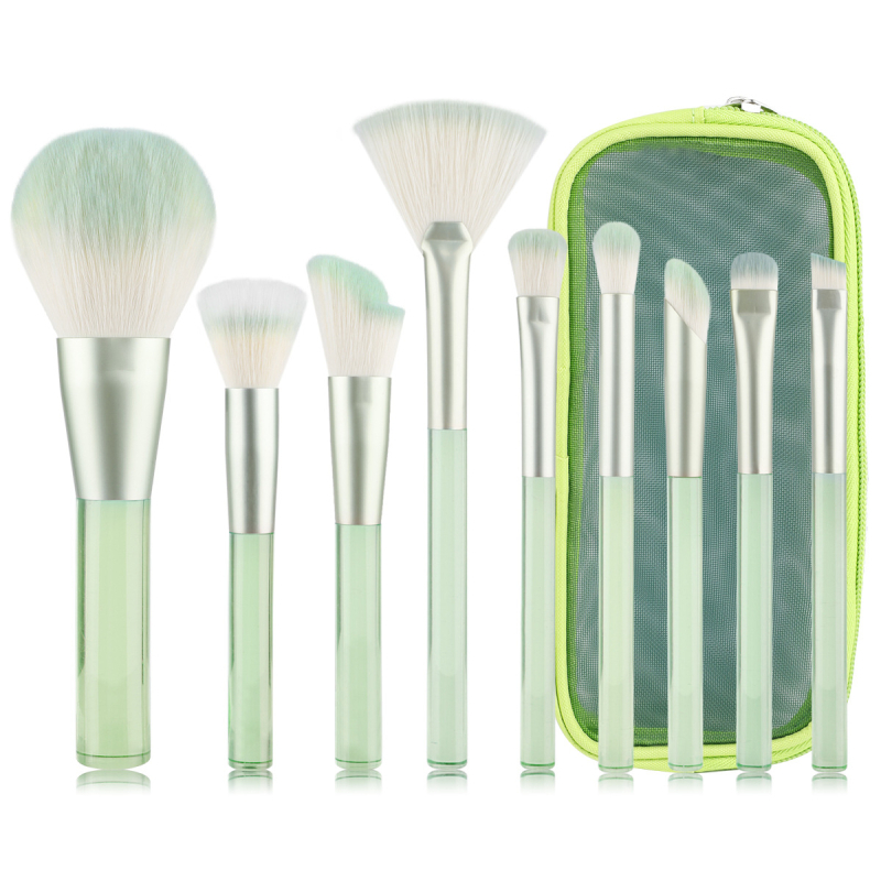 9 darab sminkecset-készlet gofrált nejlon sörtékkel, műanyag nyéllel és PU csomagolással