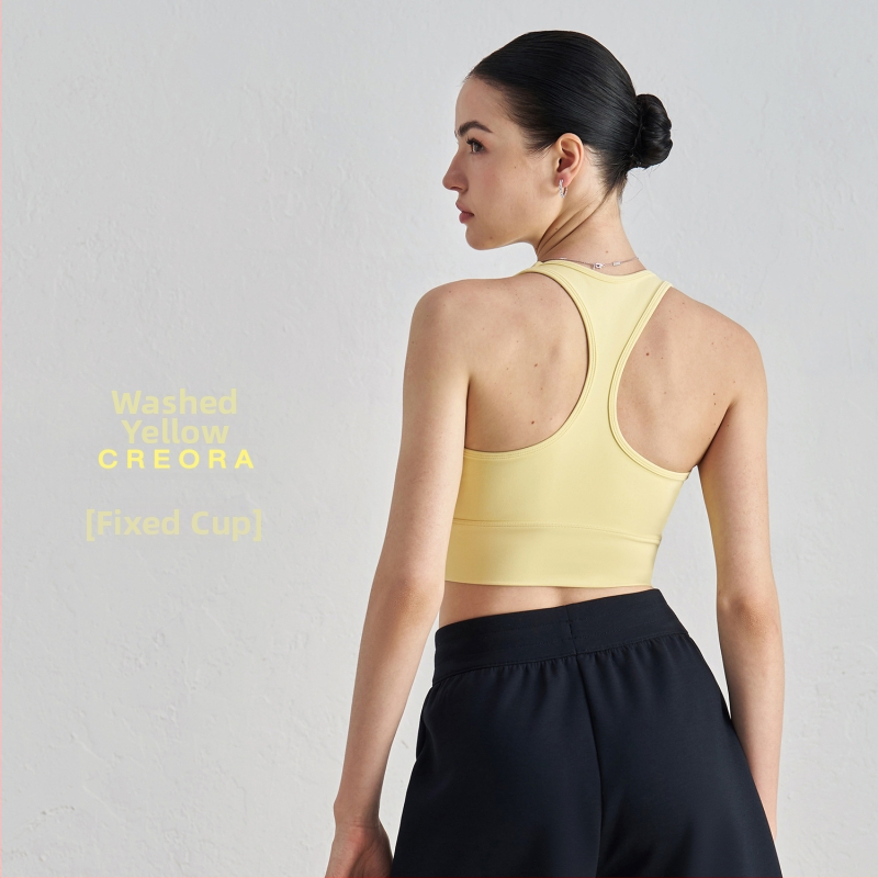 Joga sportinė liemenėlė su krūtinės pagalvėlė – 3/4 kupolas, vidutinio formos kaušelis, racerback su fiksuotomis dvigubomis petnešomis, audinys nailonas/elastanas