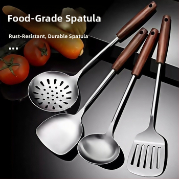Nerūdijančio plieno virtuvės įrankių rinkinys su medine rankena: sriubos šaukštas, perforuotas šaukštas, kepimo mentele; aukštos temperatūros atsparumas; apsauga nuo nudegimų