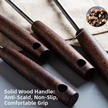 Nerūdijančio plieno virtuvės įrankių rinkinys su medine rankena: sriubos šaukštas, perforuotas šaukštas, kepimo mentele; aukštos temperatūros atsparumas; apsauga nuo nudegimų