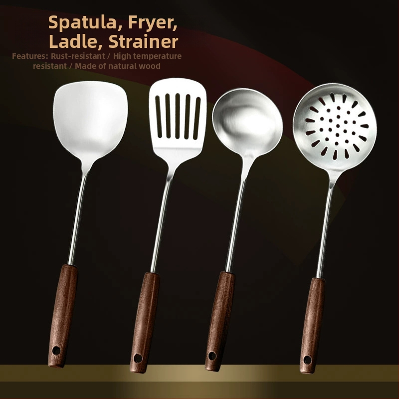Nerūdijančio plieno virtuvės įrankių rinkinys su medine rankena: sriubos šaukštas, perforuotas šaukštas, kepimo mentele; aukštos temperatūros atsparumas; apsauga nuo nudegimų