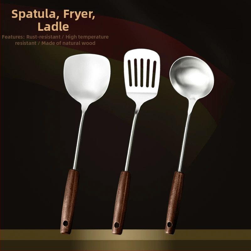 Nerūdijančio plieno virtuvės įrankių rinkinys su medine rankena: sriubos šaukštas, perforuotas šaukštas, kepimo mentele; aukštos temperatūros atsparumas; apsauga nuo nudegimų