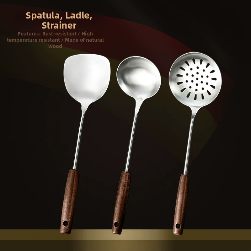 Nerūdijančio plieno virtuvės įrankių rinkinys su medine rankena: sriubos šaukštas, perforuotas šaukštas, kepimo mentele; aukštos temperatūros atsparumas; apsauga nuo nudegimų