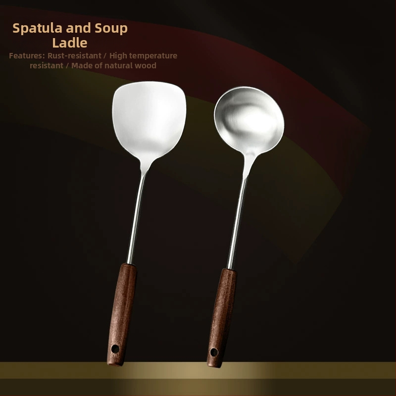 Nerūdijančio plieno virtuvės įrankių rinkinys su medine rankena: sriubos šaukštas, perforuotas šaukštas, kepimo mentele; aukštos temperatūros atsparumas; apsauga nuo nudegimų