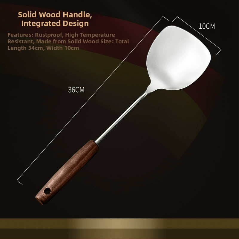 Nerūdijančio plieno virtuvės įrankių rinkinys su medine rankena: sriubos šaukštas, perforuotas šaukštas, kepimo mentele; aukštos temperatūros atsparumas; apsauga nuo nudegimų