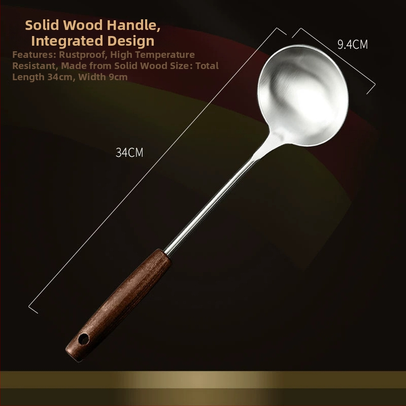 Nerūdijančio plieno virtuvės įrankių rinkinys su medine rankena: sriubos šaukštas, perforuotas šaukštas, kepimo mentele; aukštos temperatūros atsparumas; apsauga nuo nudegimų
