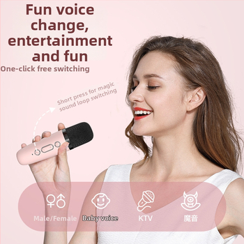 Pārvietoams mini bezvadu mikrofons ar iebūvētu Bluetooth skaļruni ārējai karaoke un mājas lietošanai — Bluetooth 5.3, iebūvēts akumulators 1200–2000 mAh, frekvenču diapazons 100 Hz–20 kHz, darbības attālums 10 m, 6 W