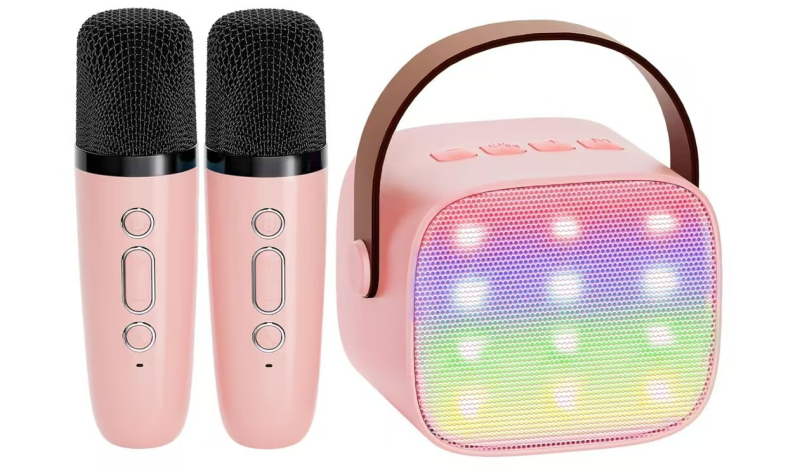 Pārvietoams mini bezvadu mikrofons ar iebūvētu Bluetooth skaļruni ārējai karaoke un mājas lietošanai — Bluetooth 5.3, iebūvēts akumulators 1200–2000 mAh, frekvenču diapazons 100 Hz–20 kHz, darbības attālums 10 m, 6 W