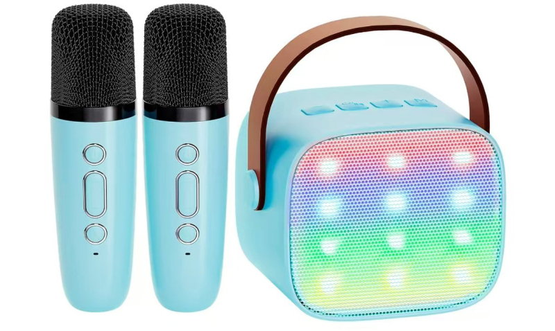 Pārvietoams mini bezvadu mikrofons ar iebūvētu Bluetooth skaļruni ārējai karaoke un mājas lietošanai — Bluetooth 5.3, iebūvēts akumulators 1200–2000 mAh, frekvenču diapazons 100 Hz–20 kHz, darbības attālums 10 m, 6 W