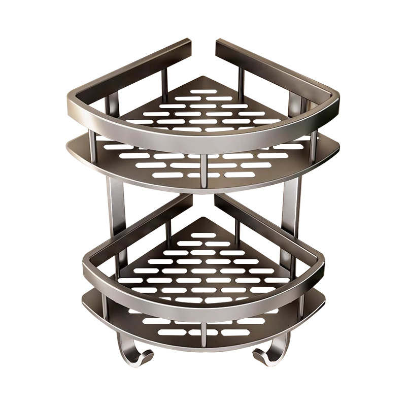 Raft de baie din aluminiu spațial, montat în colț pe perete, 3 etaje, formă de ventilator, finisaj anodizat, fără găuri