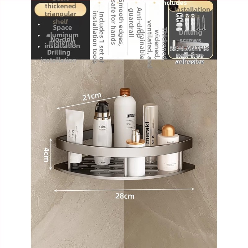 Raft de baie din aluminiu spațial, montat în colț pe perete, 3 etaje, formă de ventilator, finisaj anodizat, fără găuri