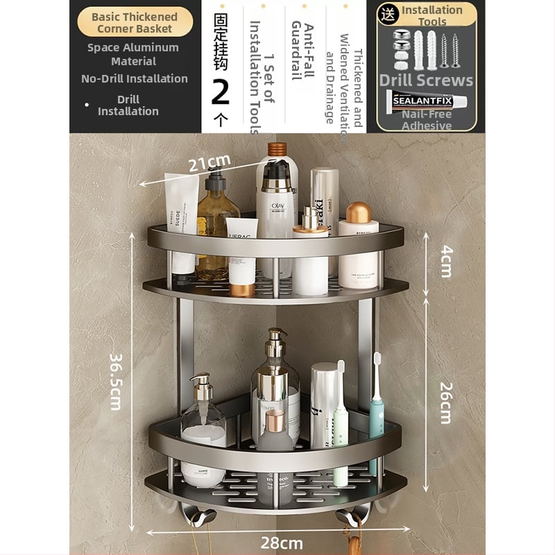 Raft de baie din aluminiu spațial, montat în colț pe perete, 3 etaje, formă de ventilator, finisaj anodizat, fără găuri
