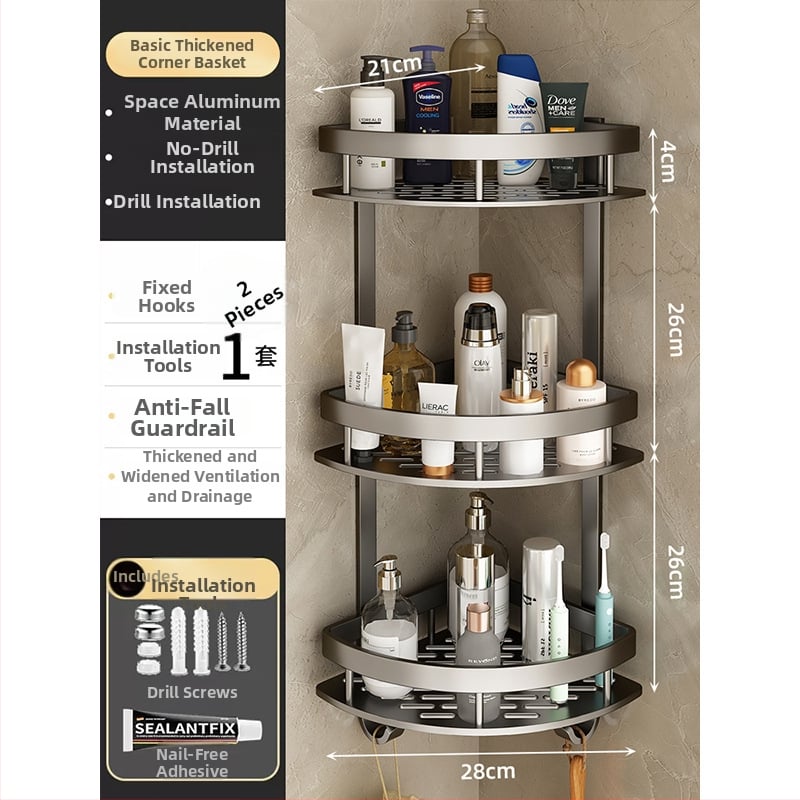 Raft de baie din aluminiu spațial, montat în colț pe perete, 3 etaje, formă de ventilator, finisaj anodizat, fără găuri