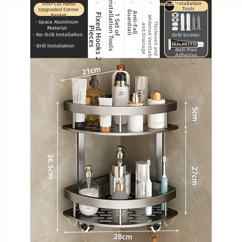 Raft de baie din aluminiu spațial, montat în colț pe perete, 3 etaje, formă de ventilator, finisaj anodizat, fără găuri
