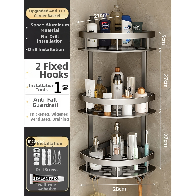 Raft de baie din aluminiu spațial, montat în colț pe perete, 3 etaje, formă de ventilator, finisaj anodizat, fără găuri