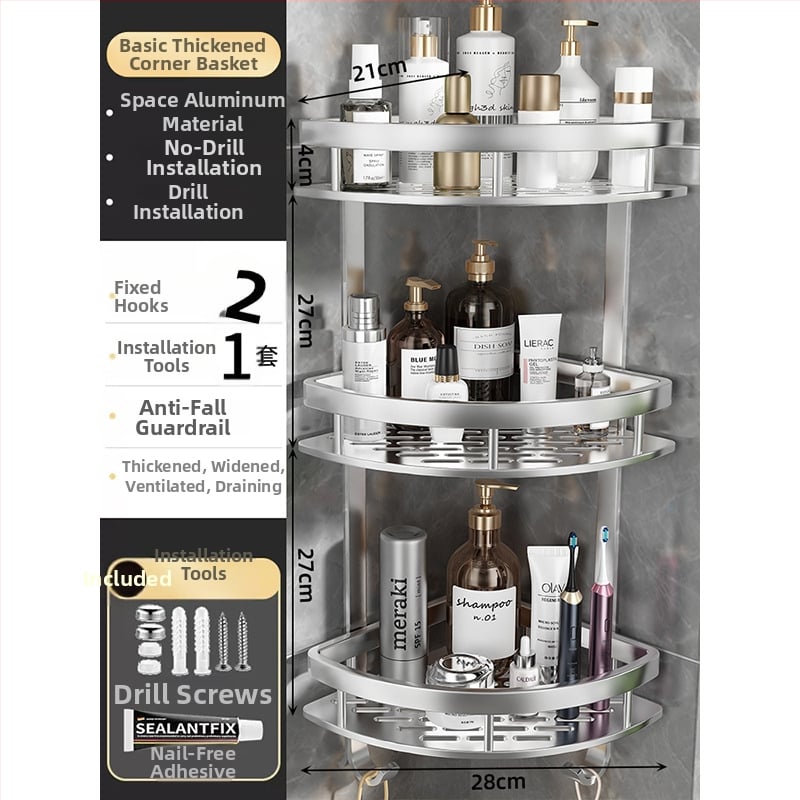 Raft de baie din aluminiu spațial, montat în colț pe perete, 3 etaje, formă de ventilator, finisaj anodizat, fără găuri