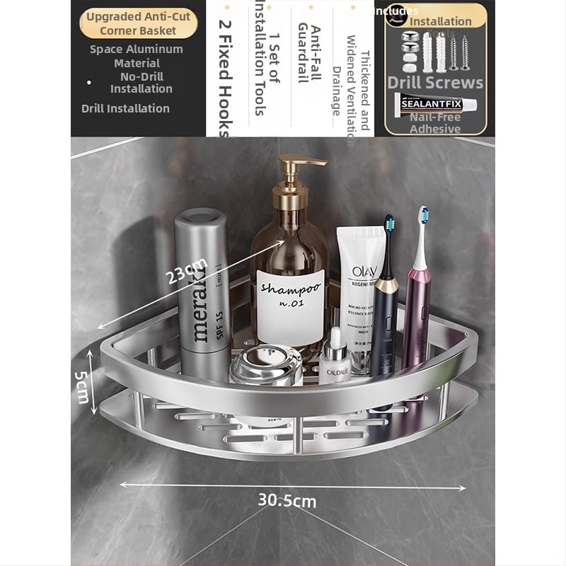 Raft de baie din aluminiu spațial, montat în colț pe perete, 3 etaje, formă de ventilator, finisaj anodizat, fără găuri