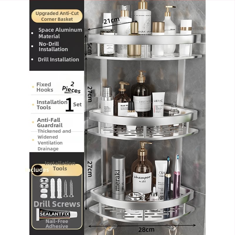 Raft de baie din aluminiu spațial, montat în colț pe perete, 3 etaje, formă de ventilator, finisaj anodizat, fără găuri