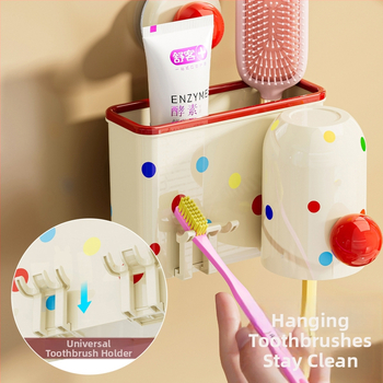 Suport pentru periuțe de dinți cu ventuză, montaj pe perete fără găuri, PET+ABS, 5 compartimente, logo personalizat