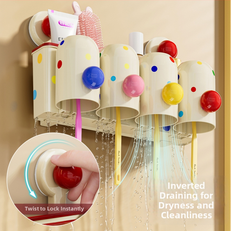 Suport pentru periuțe de dinți cu ventuză, montaj pe perete fără găuri, PET+ABS, 5 compartimente, logo personalizat