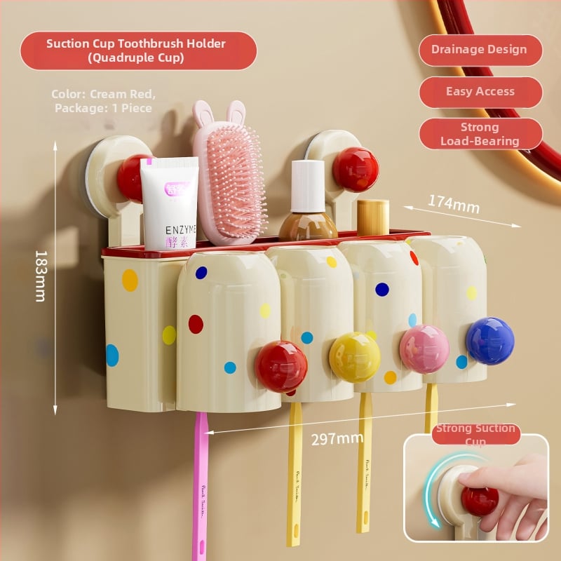 Suport pentru periuțe de dinți cu ventuză, montaj pe perete fără găuri, PET+ABS, 5 compartimente, logo personalizat