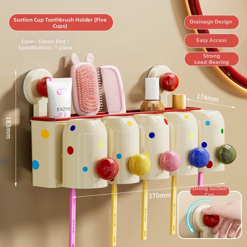 Suport pentru periuțe de dinți cu ventuză, montaj pe perete fără găuri, PET+ABS, 5 compartimente, logo personalizat